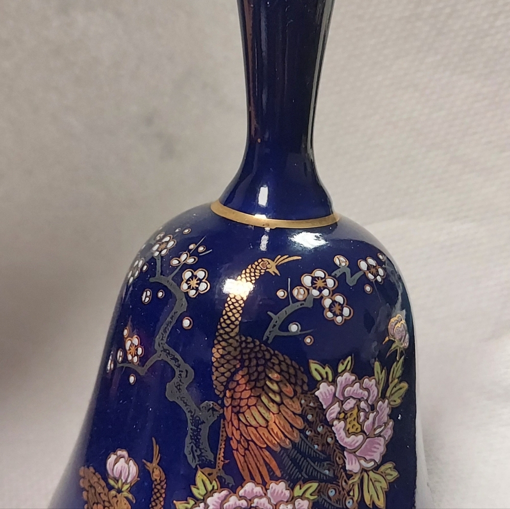 5 1/2" Cobalt Blue Bell With Gold Trim And Peacock Design Pink Flowers